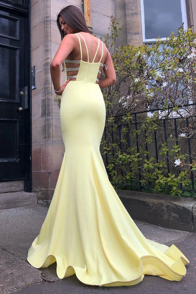 Elegant Yellow Mermaid Spaghetti Straps V Neck Long Formal Prom Gowns,Evening Dresses,WGP381