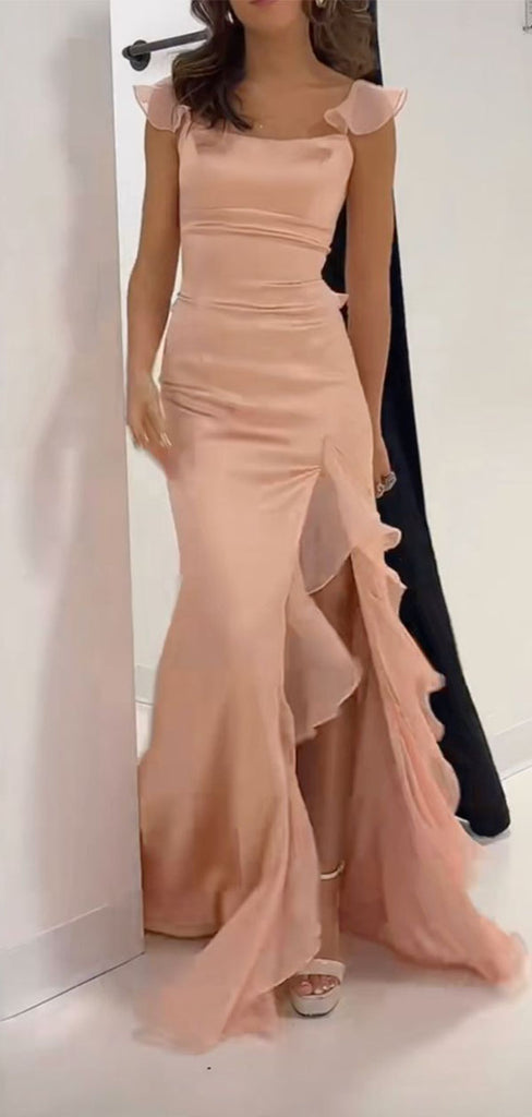 Elegant Pink Spaghetti Strap Mermaid Side Slit Long Prom Dress Ideas, Evening Party Dresses,WGP1826