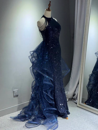 Shiny Blue Halter Mermaid Long Prom Dress Ideas, Evening Party Dresses,WGP1751