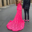 Unique Pink Lace Prom Gown with Sexy High Slit Halter V-Neck Sleeveless Mermaid Dress,WGP2088