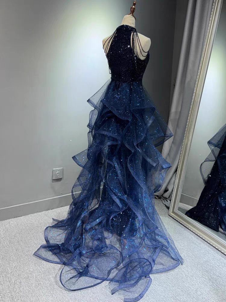 Shiny Blue Halter Mermaid Long Prom Dress Ideas, Evening Party Dresses,WGP1751