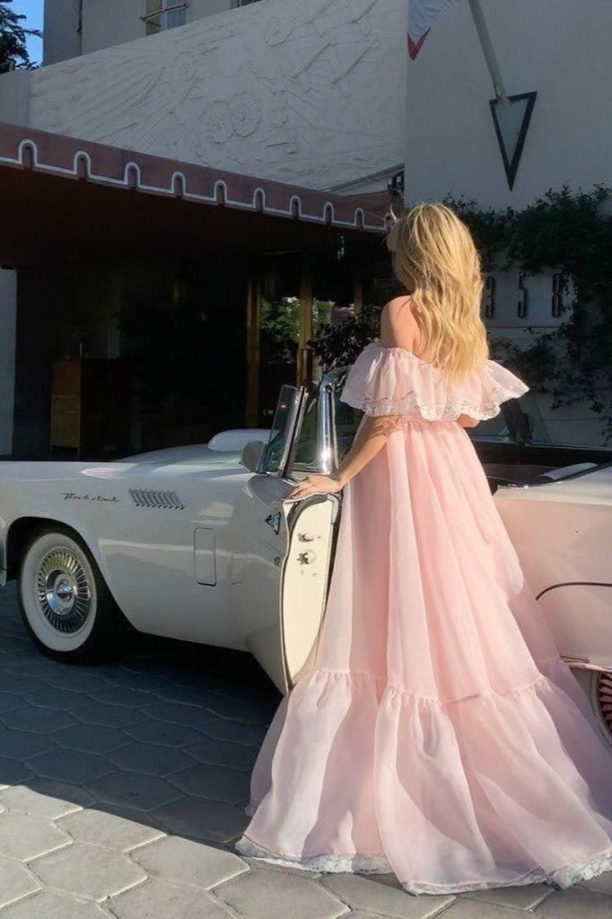 Elegant Off-the-Shoulder Organza Prom Dress Pink A-Line Formal Gown,WGP2129