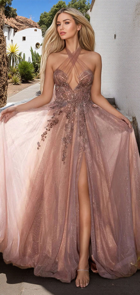 Shiny Pink V-Neck A-Line Side Slit Long Prom Dress Ideas, Evening Party Dresses,WGP1658