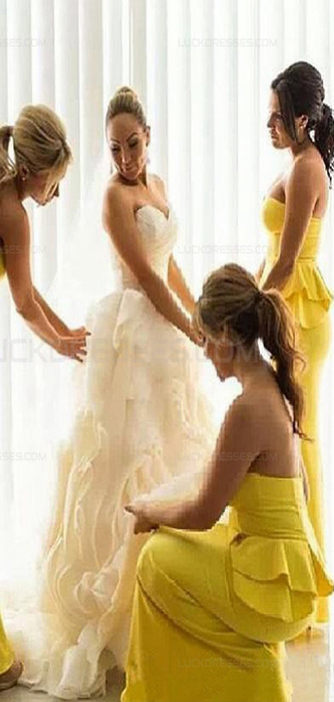 Elegant Yellow Strapless&nbsp; Mermaid Sleeveless Wedding Guest Bridesmaid Dresses,WGM400