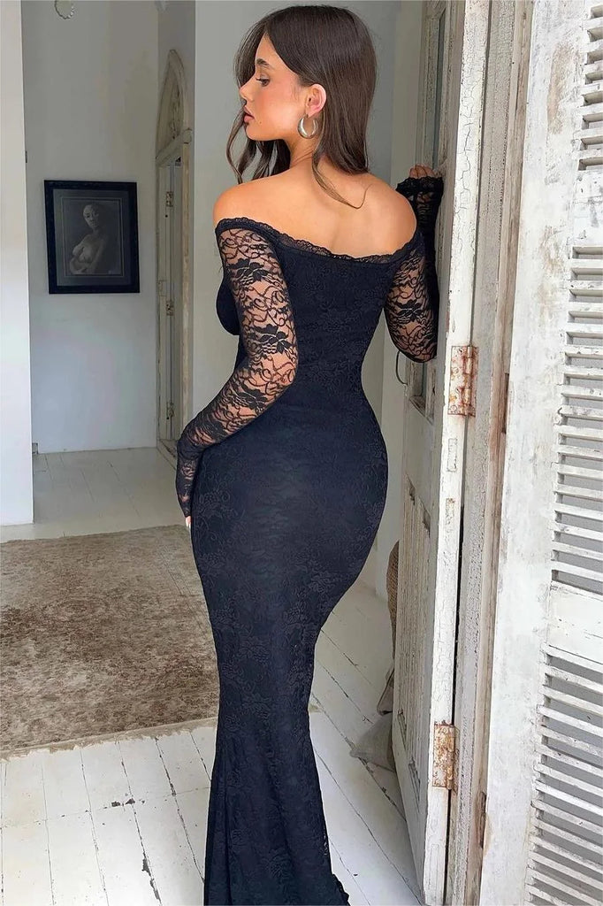 Sexy Black Long Sleeve Mermaid Lace Long Prom Dress Ideas, Evening Party Dresses,WGP1760