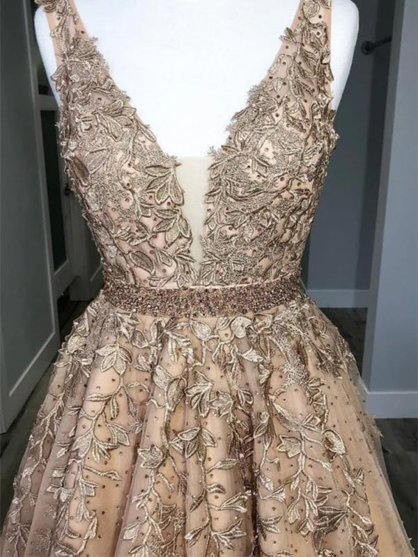 Elegant Champagne V-Neck A-Line Lace Sleeveless&nbsp;Party Prom Dresses,Evening Dress Online, WGP853