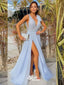 Sexy Blue Side Slit V Neck Long Party Dress Prom Dresses,Evening Dress Online, WGP929