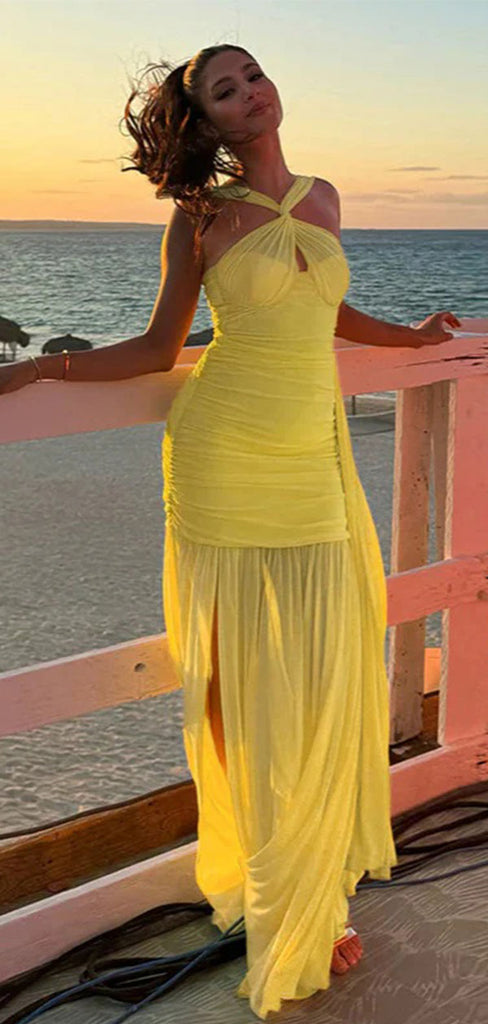 Unique Yellow Sweetheart Mermaid Side Slit Long Prom Dress Ideas, Evening Party Dresses,WGP1713