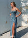 Shiny Blue Spaghetti Strap Mermaid Side Slit Long Prom Dress Ideas, Evening Party Dresses,WGP1725