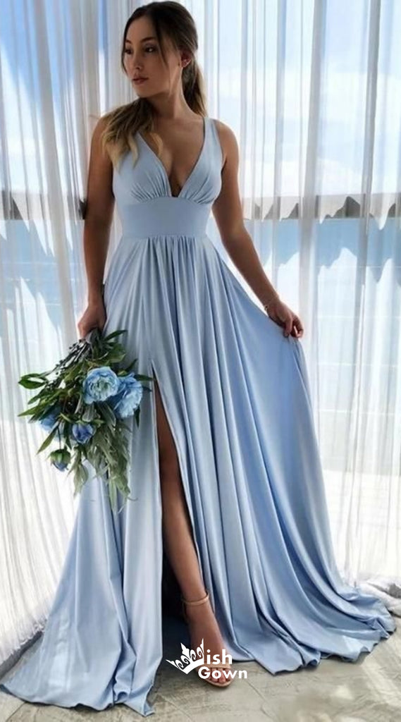 Elegant Blue V Neck Side Slit A-line Long Party Dress Prom Dresses,Evening Dress Online, WGP936