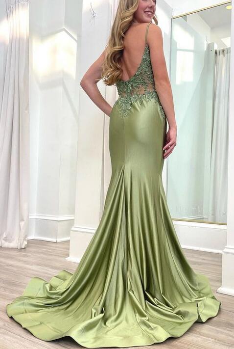 Elegant Green Mermaid Spaghetti Straps Applique Cheap Maxi Long Party Prom Gowns,Evening Dresses,WGP418