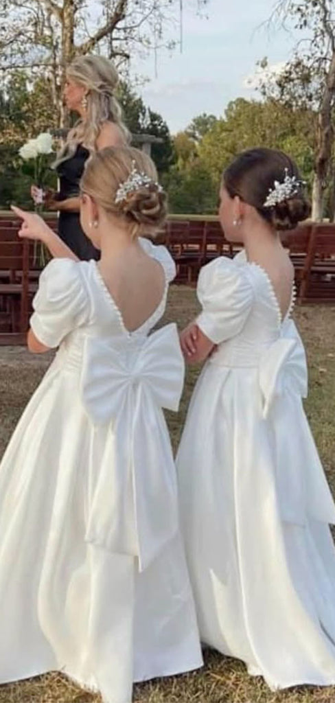 Cute White Hight Neck Short-Sleeved A-Line Flower Girl Dresses, FG021