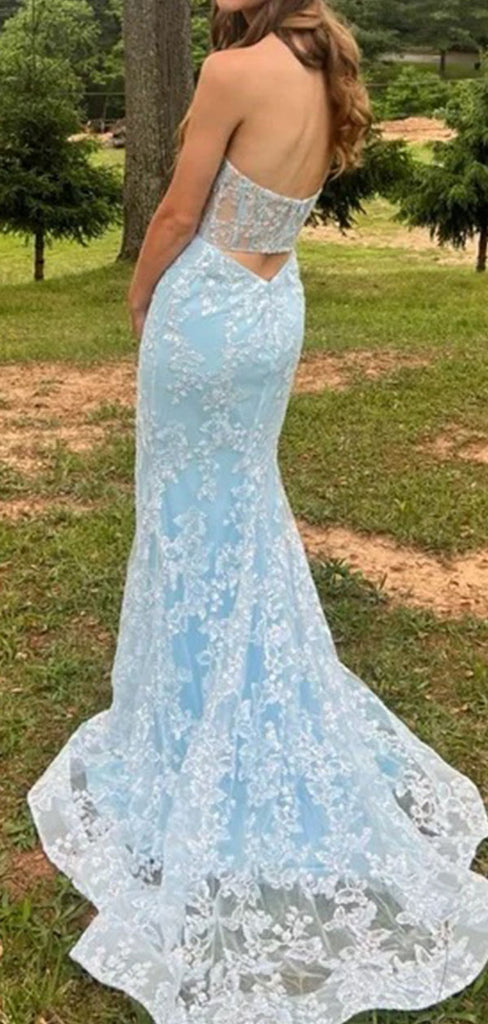 Elegant Blue Sweetheart Mermaid Lace Side Slit Long Prom Dress Ideas, Evening Party Dresses , WGP1865