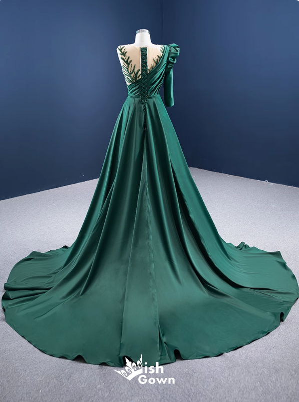 Gorgeous Green Single Long Sleeve Illusion A-line Lace up Back Party Dress Long Prom Dresses to Impress, WGP951