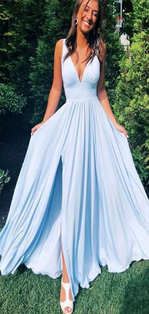 Elegant Blue A-Line Straps V Neck Side Slit Cheap Maxi Long Party Prom Gowns,Evening Dresses,WGP422