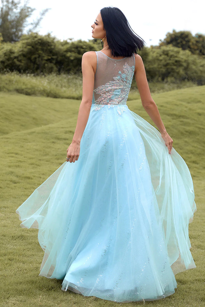 Elegant Blue A-Line Illusion Sleeveless Sequins Beading Long Formal Prom Gowns,Evening Dresses,WGP351