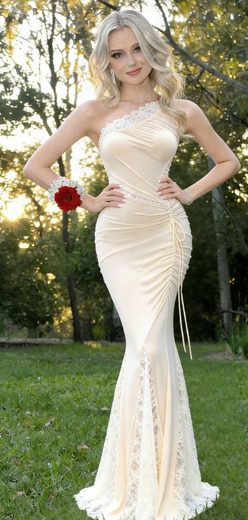 Unique Champagne One Shoulder Lace Mermaid Prom Dress Sexy Ruched Side Slit Long Evening Gown,WGP2093
