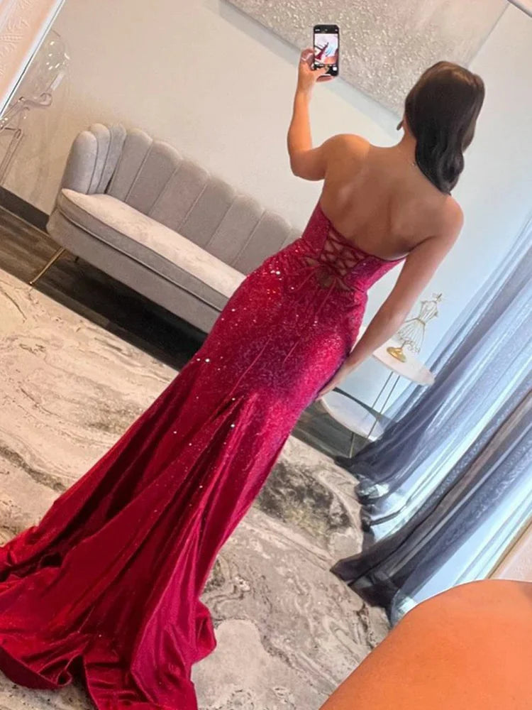 Sexy Navy Blue Strapless Prom Dress with Cut-outs and High Slit Evening Gown,WGP2110