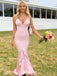Chic Mermaid Pink Prom Gown Deep V-Neck Ruffled Trumpet Skirt Formal Wear,WGP2121