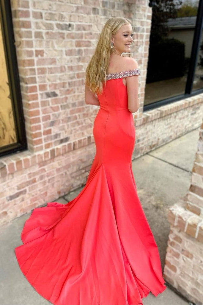 Charming Red Mermaid Sweetheart Off Shoulder Beads Cheap Maxi Long Party Prom Gowns,Evening Dresses,WGP445