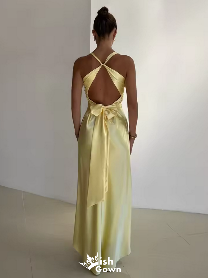 Elegant Yellow V Neck Sheath Long Party Dress Prom Dresses,WGP1007