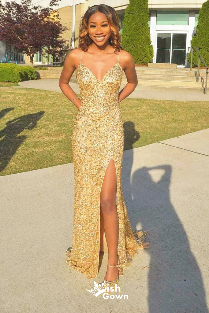 Shiny Gold Spaghetti Straps V Neck Mermaid Side Slit Long Party Dress Prom Dresses,Evening Dress Online, WGP901