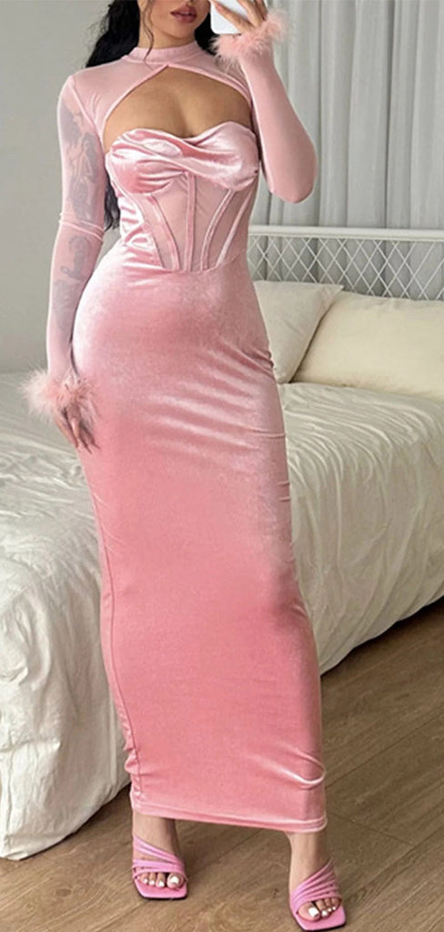 Sexy Pink Velvet Long Sleeve Mermaid Long Prom Dress Ideas, Evening Party Dresses,WGP1754
