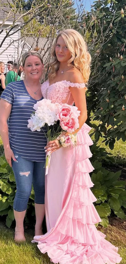 Elegant Floral Pink Off Shoulder Mermaid Long Prom Dress Ideas, Evening Party Dresses, WGP2038