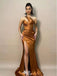 Elegant Gold One-Shoulder Mermaid Side Slit Long Prom Dress Ideas, Evening Party Dresses,WGP1939