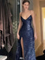 Shiny Blue Spaghetti Strap Mermaid Side Slit Long Prom Dress Ideas, Evening Party Dresses , WGP1580