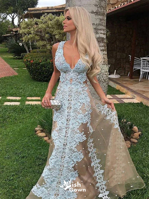 Unique Blue A-Line V-Neck Lace Popular Long Evening Dresses, Formal Dresses, Birthday Party, WGP593