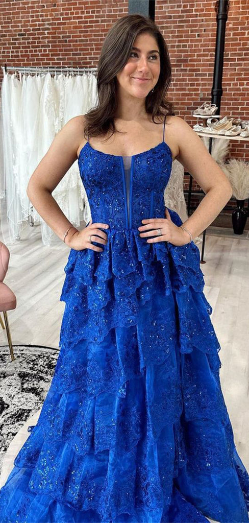 Unique Blue A-Line Spaghetti Strap Lace Popular Long Evening Dresses, Formal Dresses, Birthday Party, WGP594