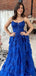 Unique Blue A-Line Spaghetti Strap Lace Popular Long Evening Dresses, Formal Dresses, Birthday Party, WGP594