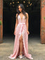 Elegant Pink A-Line V-Neck Lace Side Slit Popular Long Evening Dresses, Formal Dresses, Birthday Party, WGP610