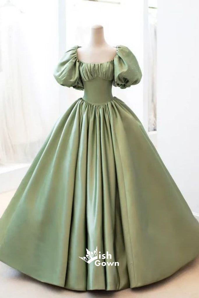 Sexy Green Bubble Sleeves A-line Lace up Back Party Prom Dresses,Evening Dress Online, WGP872