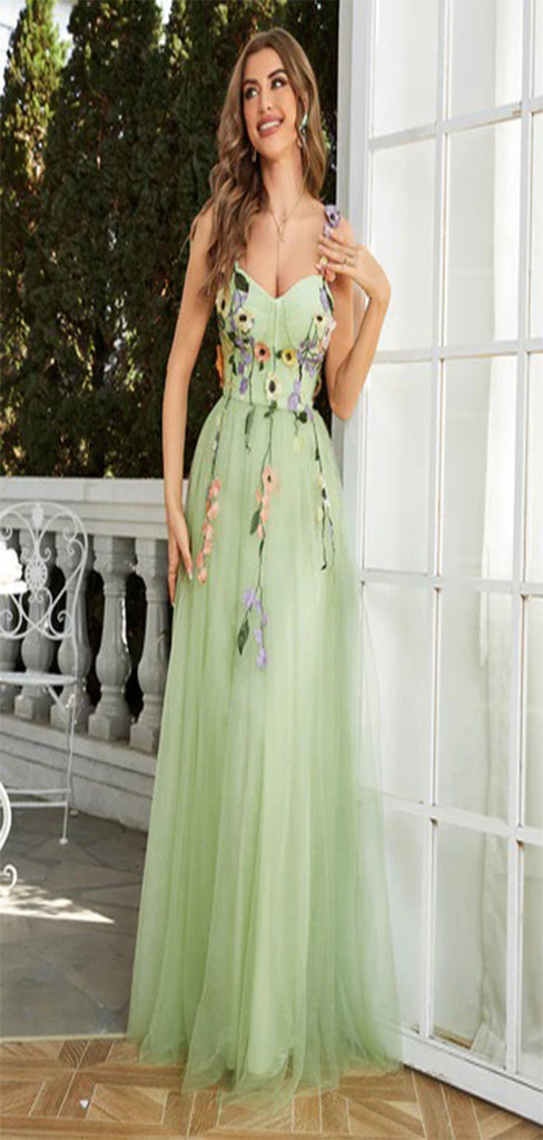 Floral Green A-Line V Neck Spaghetti Straps Appliques Long Prom Gowns,Evening Dresses,WGP322