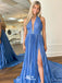 Sexy Blue A-Line Halter Strap Side Slit Popular Long Evening Dresses, Formal Dresses, Birthday Party, WGP590