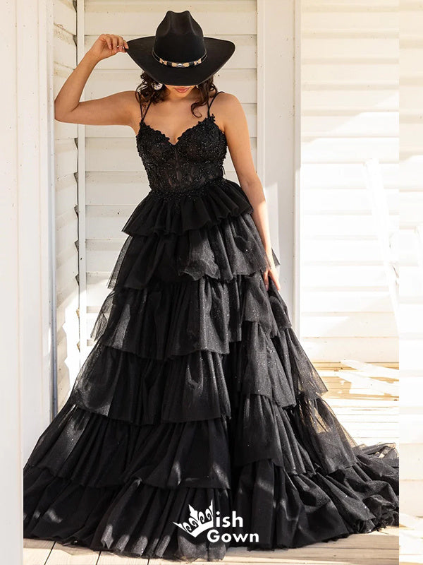 Sexy Spaghetti Straps Black Sweetheart Beaded Tiered A-line Long Party Dress Prom Dresses,Evening Dress Online, WGP904