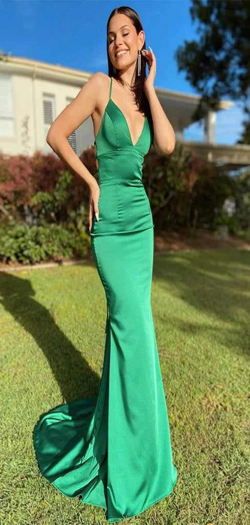 Sexy Emerald Green Mermaid V Neck Halter Lace Up Long Formal Prom Dresses,Evening Gowns,WGP332