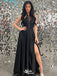 Sexy Black A-Line Halter Side Slit Long Evening Dresses, Formal Dresses, Birthday Party, WGP537