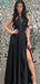 Sexy Black A-Line Halter Side Slit Long Evening Dresses, Formal Dresses, Birthday Party, WGP537