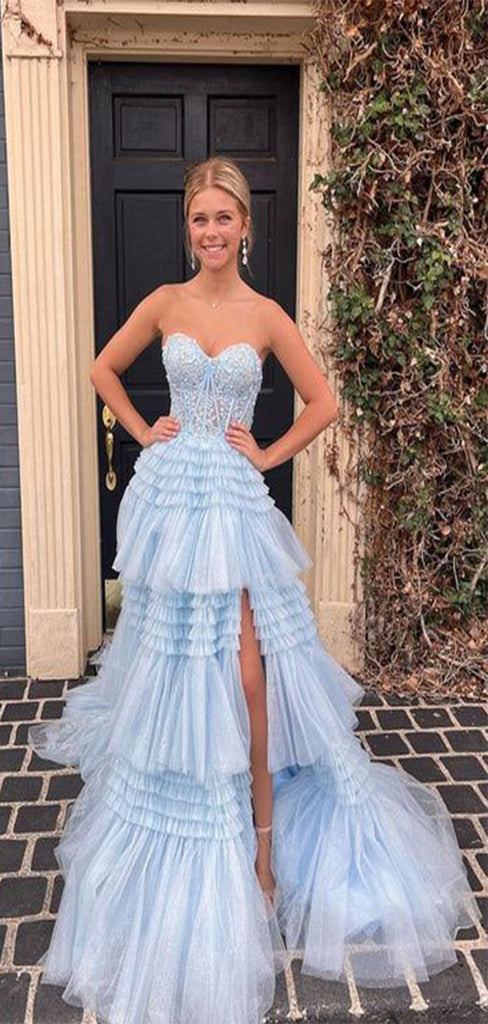 Elegant Blue A-Line Sweetheart With Trailing Ruffles Appliques Long Formal Prom Dresses,Evening Gowns,WGP365