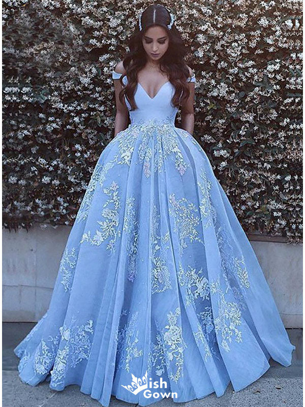 Gorgeous Blue A-Line Off Shoulder V Neck Lace Appliques Long Prom Dresses,Evening Gowns,WGP353