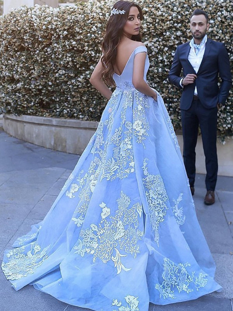 Gorgeous Blue A-Line Off Shoulder V Neck Lace Appliques Long Prom Dresses,Evening Gowns,WGP353