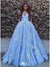 Gorgeous Blue A-Line Off Shoulder V Neck Lace Appliques Long Prom Dresses,Evening Gowns,WGP353