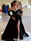 Sexy Black A-Line V Neck Side Slit Beading Long Maxi Prom Dresses,Evening Gowns,WGP374