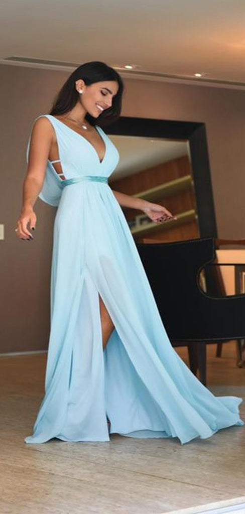 Elegant Baby Blue V-Neck A-Line Side Slit Popular Long Evening Dresses, Formal Dresses, Birthday Party, WGP624