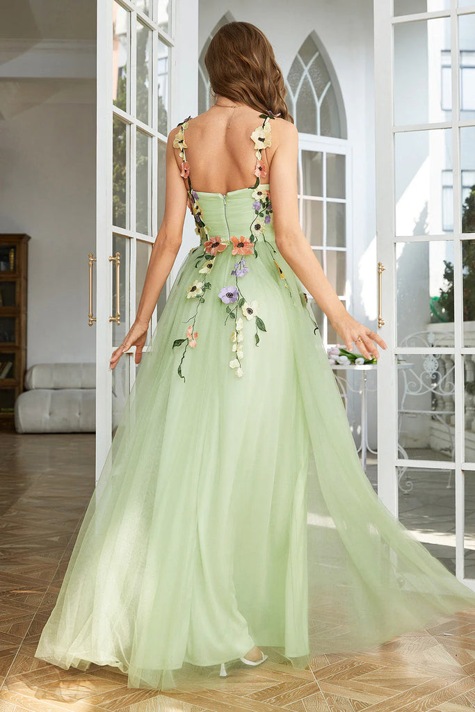 Floral Green A-Line V Neck Spaghetti Straps Appliques Long Prom Gowns,Evening Dresses,WGP322