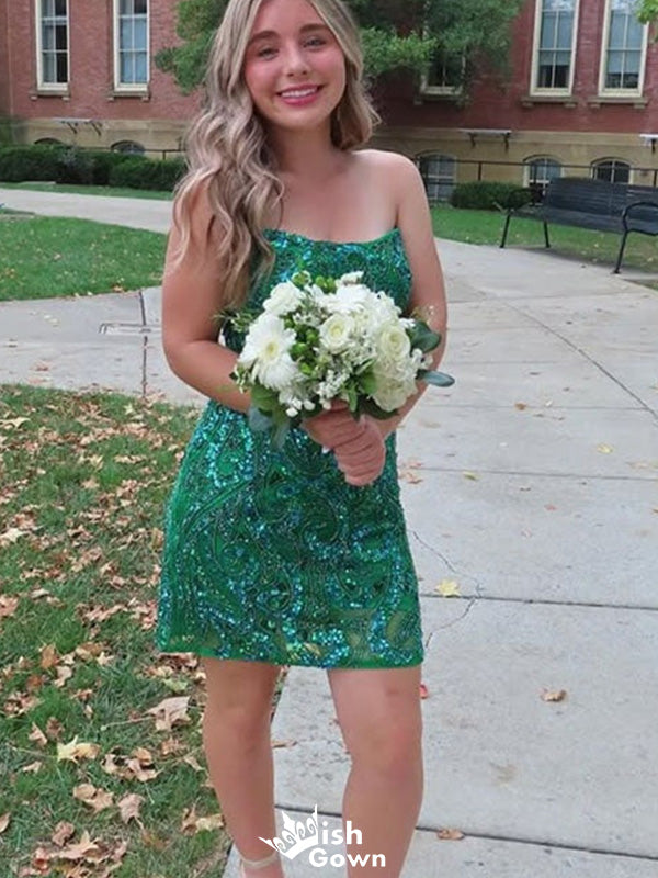 Unique Strapless Sequins bateau Sheath Short Mini Homecoming Dress,EPT351