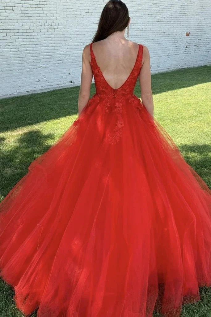 Elegant Red A-Line V Neck Spaghetti Straps Appiliques Lace Formal Prom Dresses,Evening Gowns,WGP318